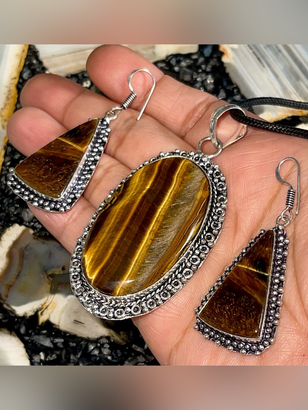 Golden Brown Tigers Eye Crystal Pendant & Earrings Set